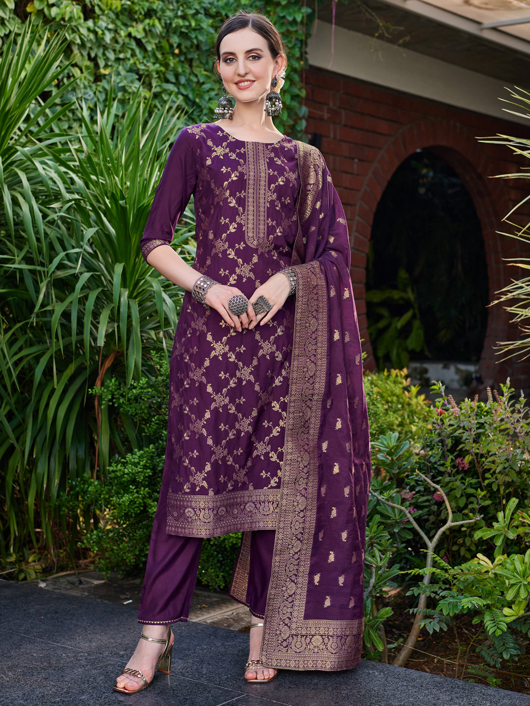 Pure muslin Jacquard Banarasi Kurta with pant & Dupatta Premium