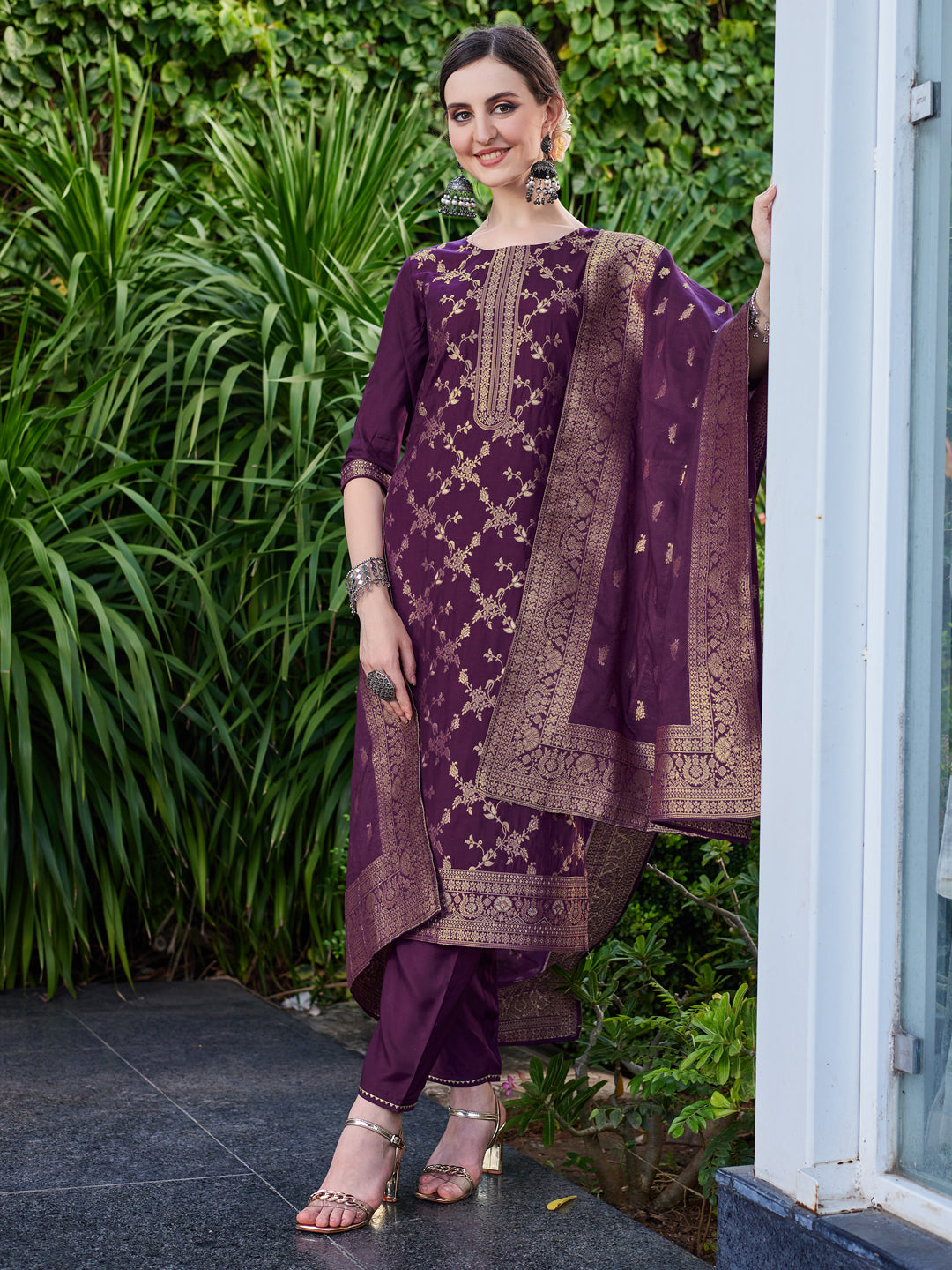 Pure muslin Jacquard Banarasi Kurta with pant & Dupatta Premium