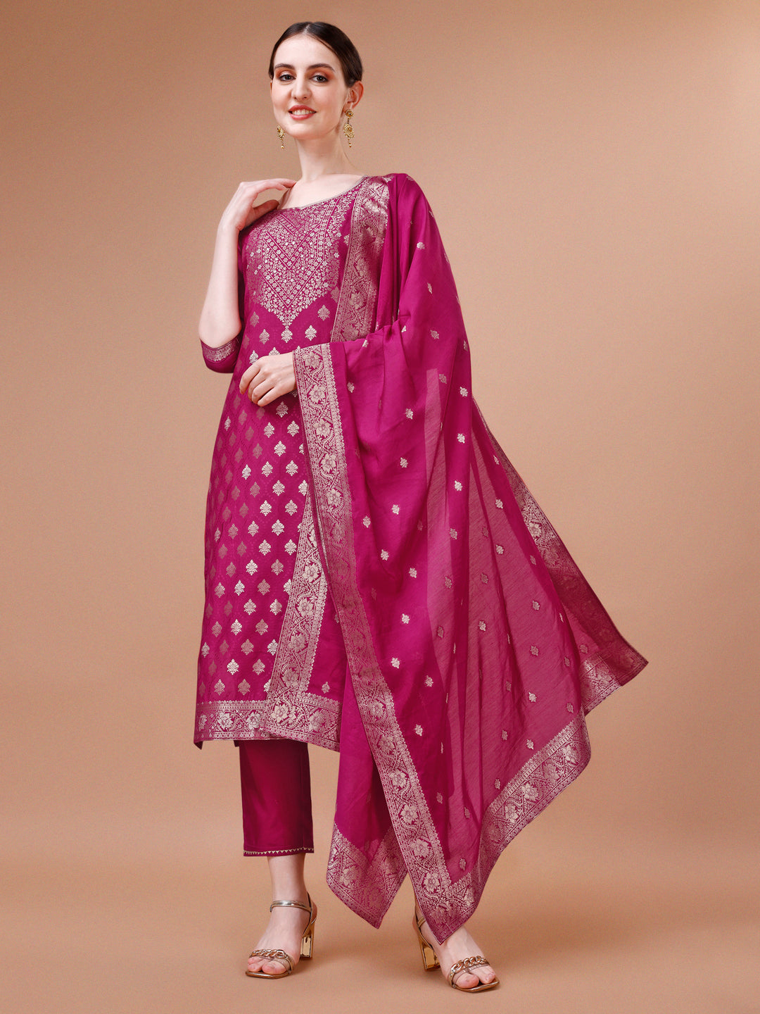 Pure Muslin Jacquard kurta with pant and dupatta set Premium