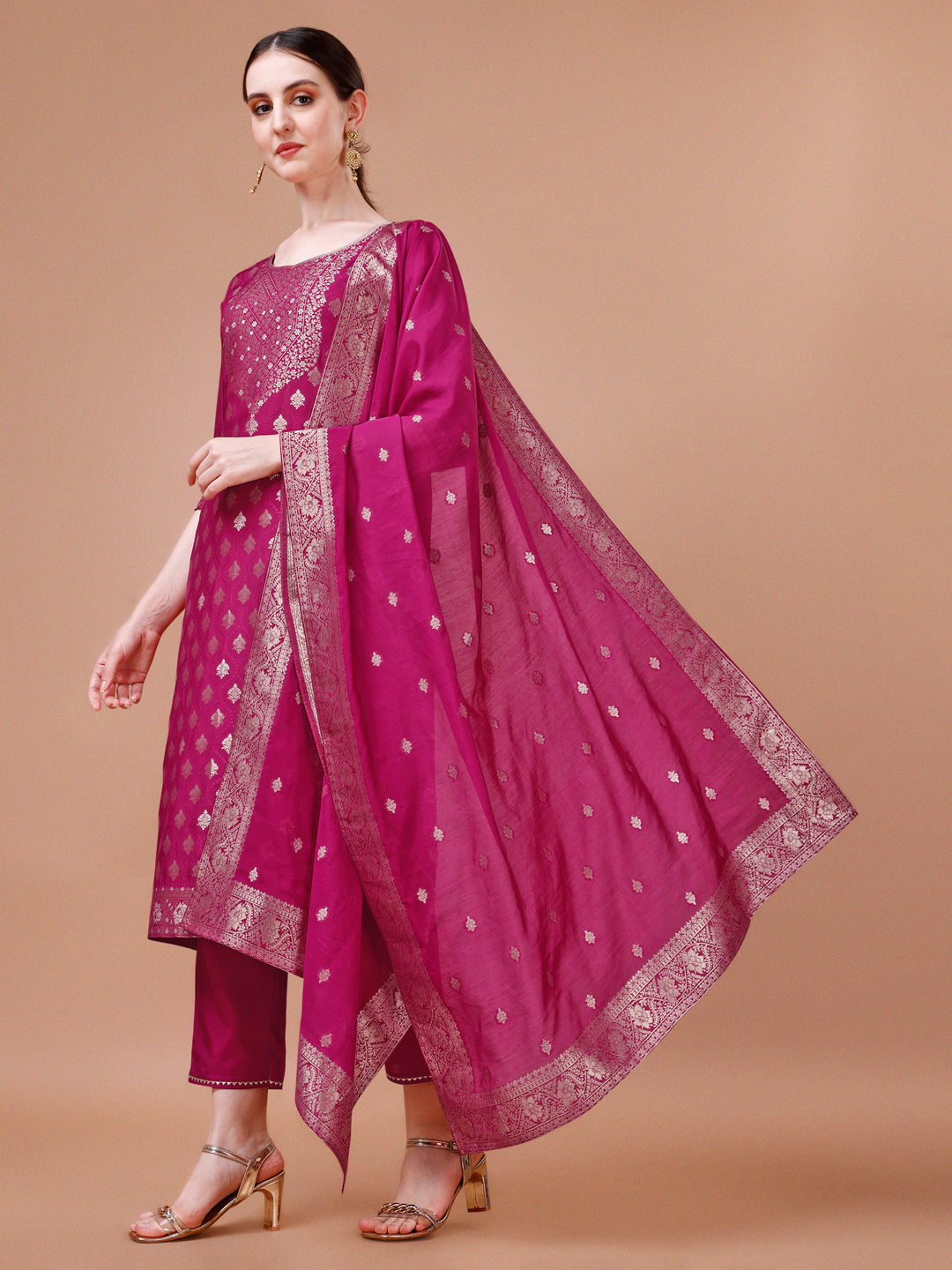 Pure Muslin Jacquard kurta with pant and dupatta set Premium