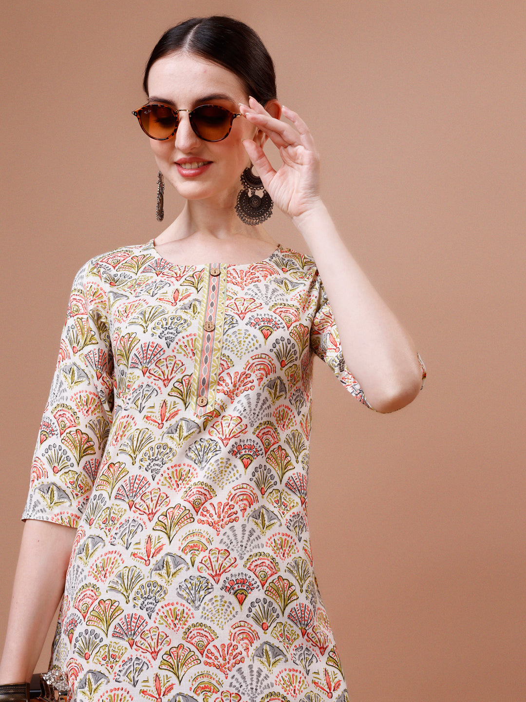 Leaf printed Casual Wear Cotton Kurta with pant