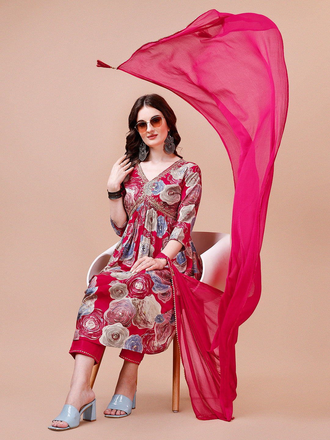 Alia Cut Floral Printed & Embroidered Rayon Kurta with Pant & dupatta