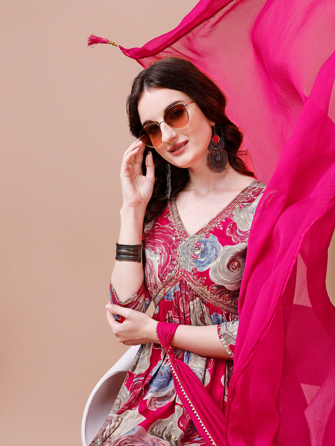 Alia Cut Floral Printed & Embroidered Rayon Kurta with Pant & dupatta