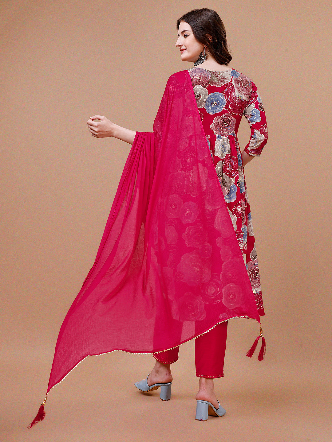 Alia Cut Floral Printed & Embroidered Rayon Kurta with Pant & dupatta