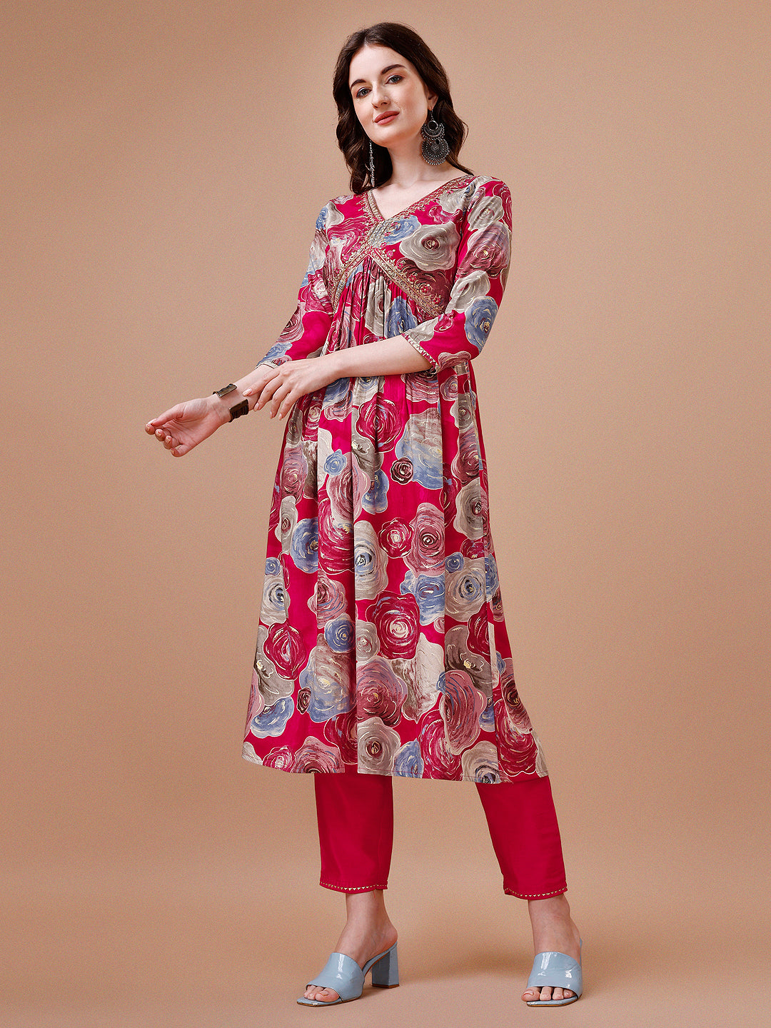 Alia Cut Floral Printed & Embroidered Rayon Kurta with Pant & dupatta