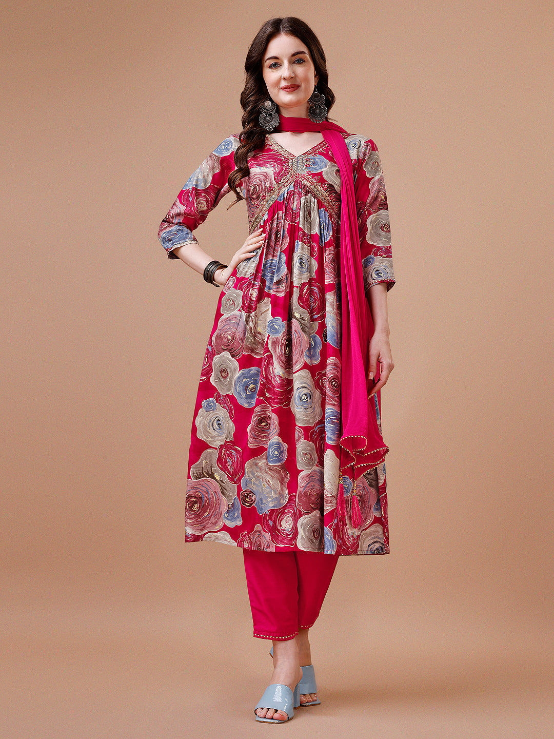 Alia Cut Floral Printed & Embroidered Rayon Kurta with Pant & dupatta