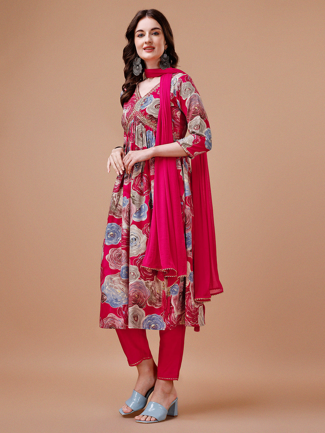 Alia Cut Floral Printed & Embroidered Rayon Kurta with Pant & dupatta