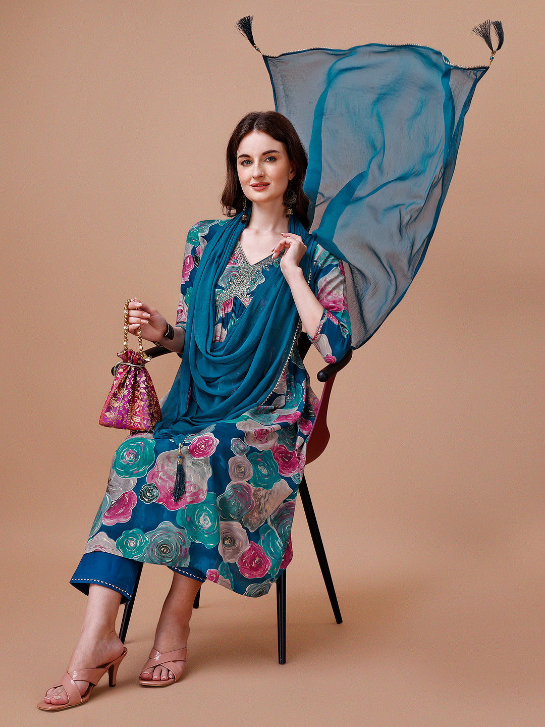 Alia Cut Floral Printed & Embroidered Rayon Kurta with Pant & dupatta