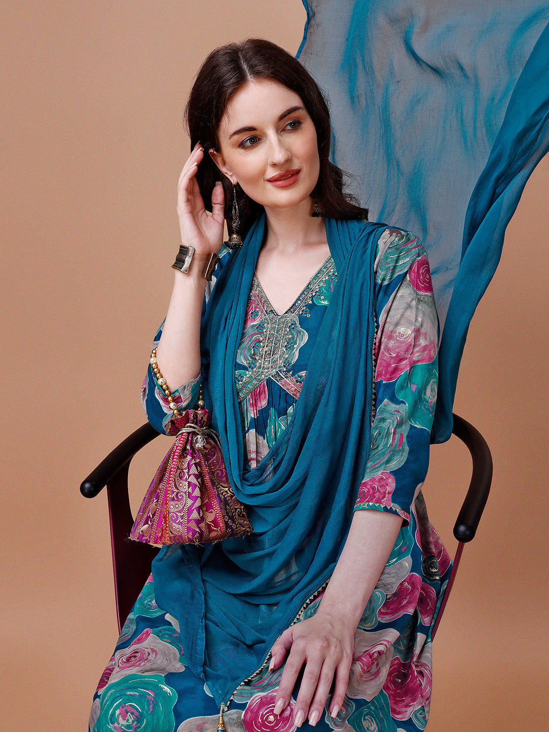 Alia Cut Floral Printed & Embroidered Rayon Kurta with Pant & dupatta