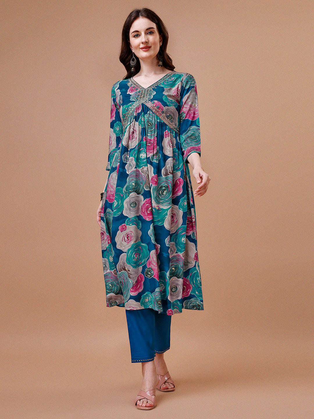 Alia Cut Floral Printed & Embroidered Rayon Kurta with Pant & dupatta