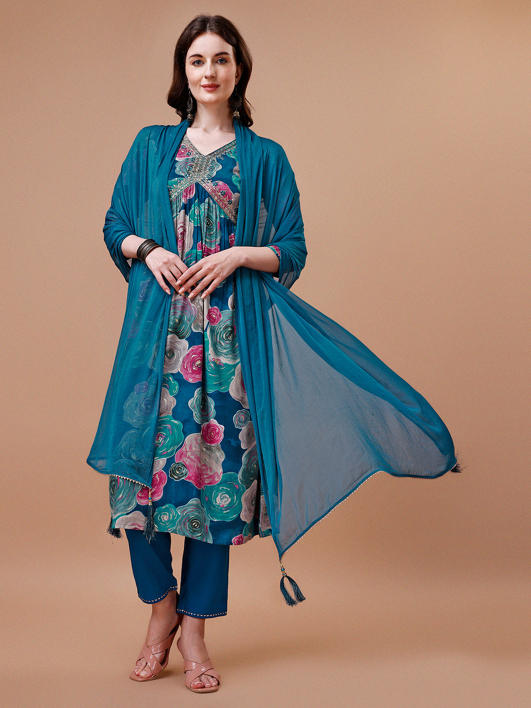 Alia Cut Floral Printed & Embroidered Rayon Kurta with Pant & dupatta