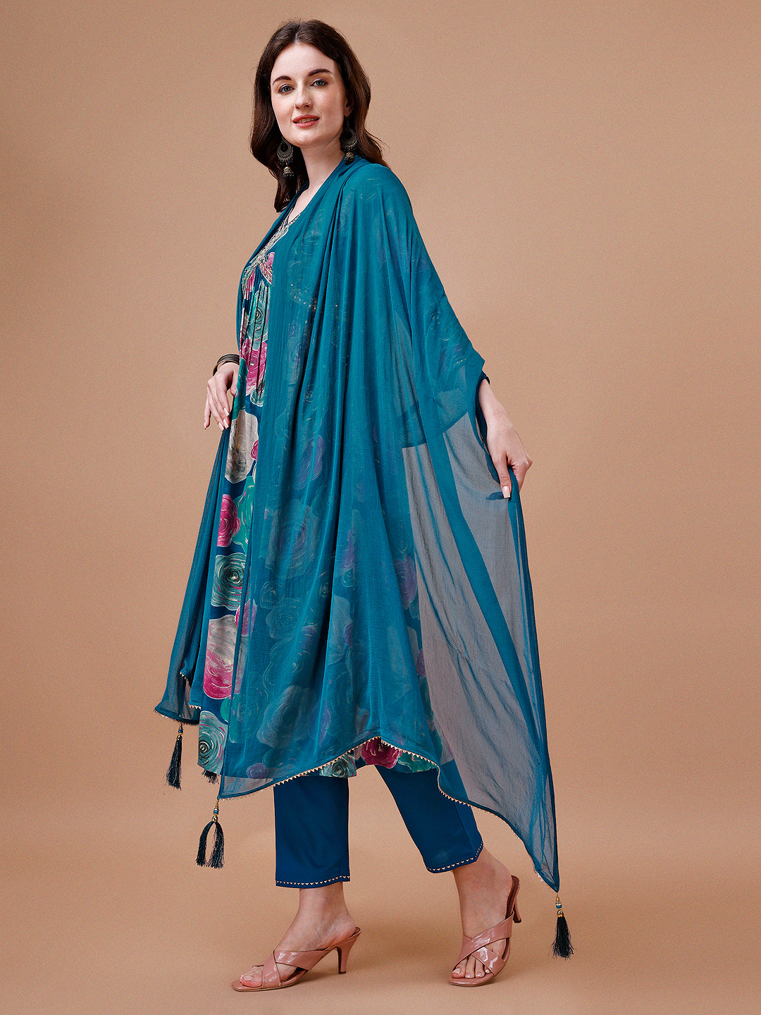 Alia Cut Floral Printed & Embroidered Rayon Kurta with Pant & dupatta