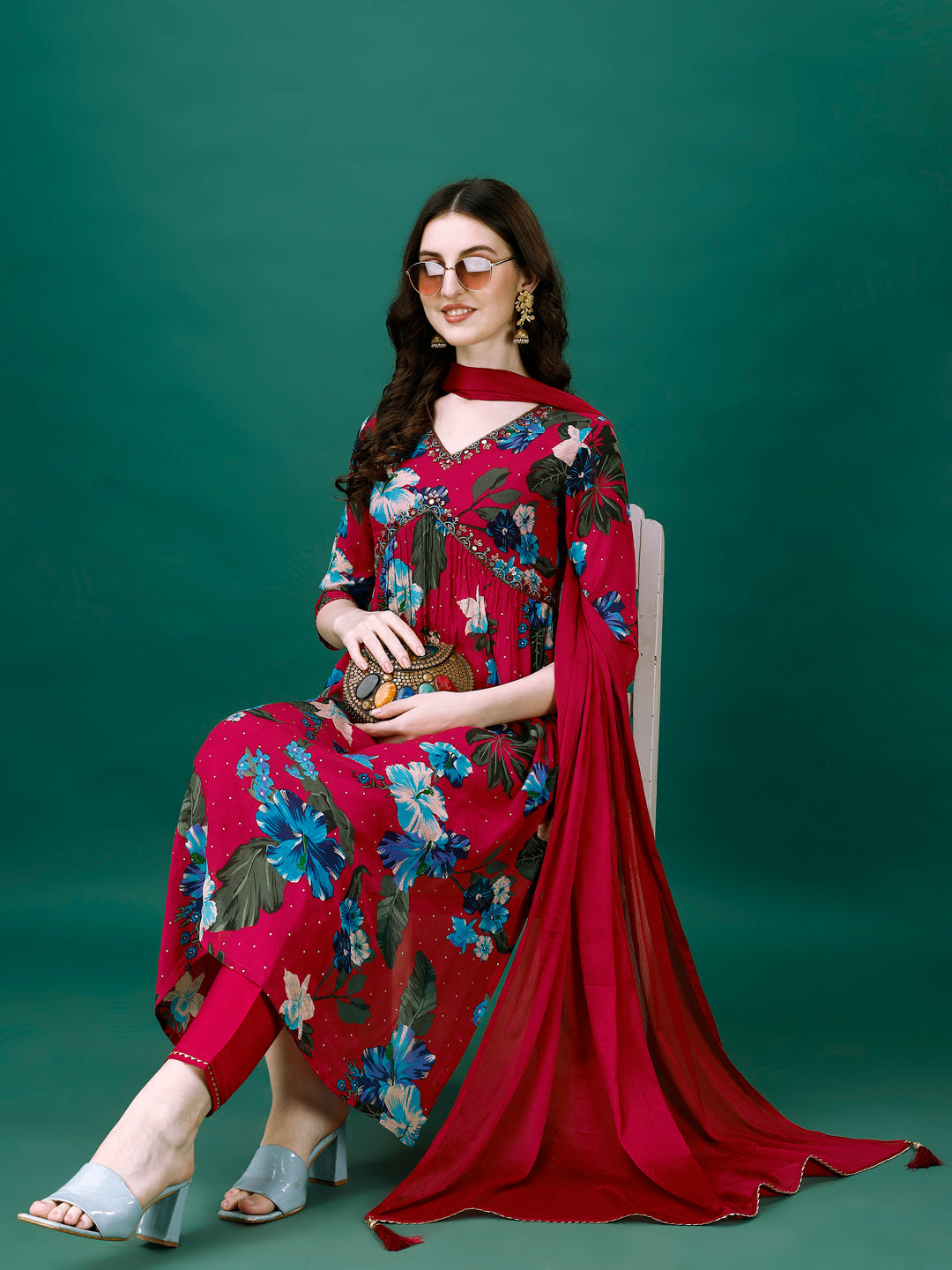 Alia Cut Hand Embroidered & Printed Pure Chinon kurta with pant & dupatta