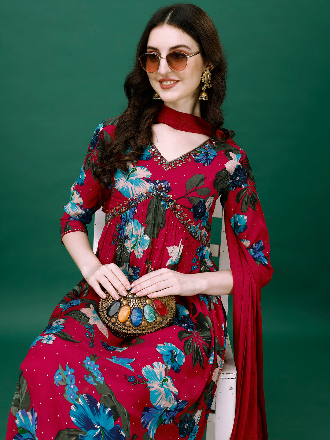 Alia Cut Hand Embroidered & Printed Pure Chinon kurta with pant & dupatta