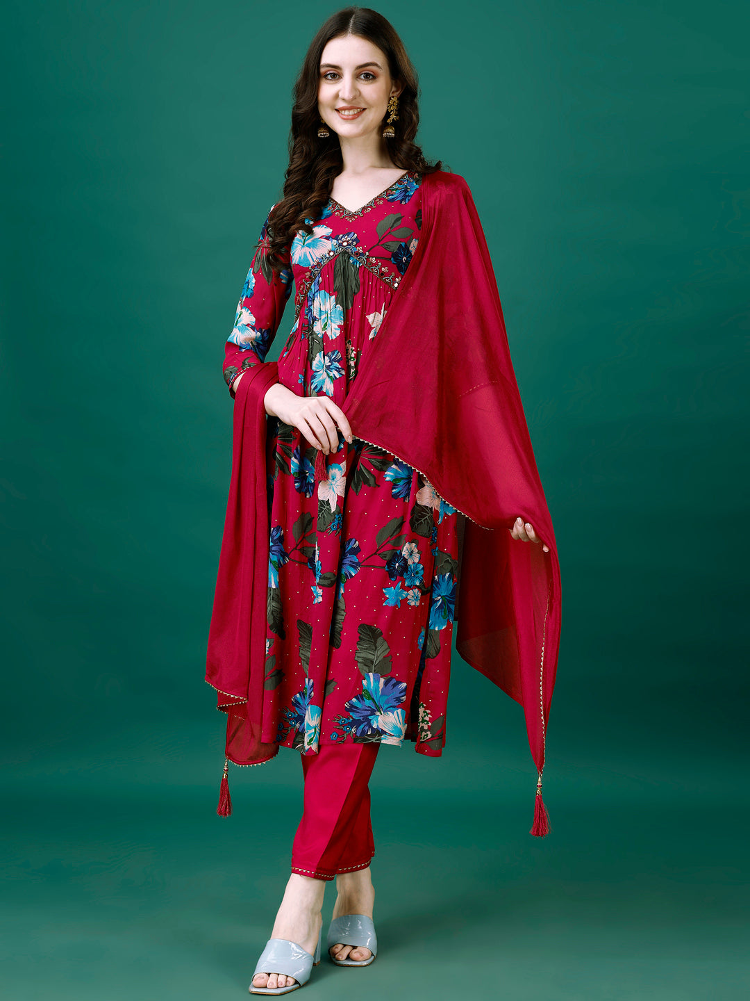 Alia Cut Hand Embroidered & Printed Pure Chinon kurta with pant & dupatta