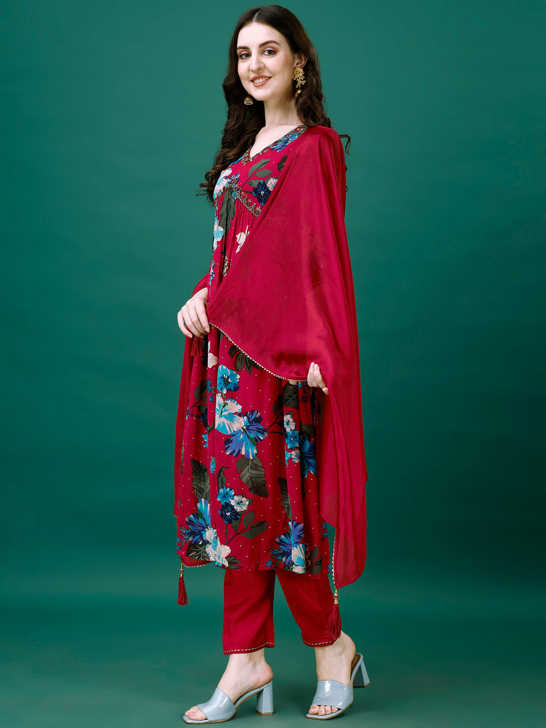 Alia Cut Hand Embroidered & Printed Pure Chinon kurta with pant & dupatta