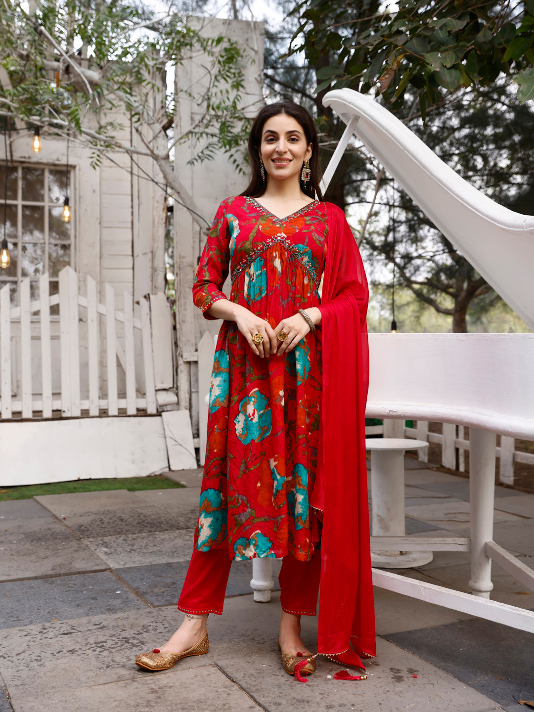 Alia Cut Hand Embroidered & Floral Printed Kurta with Pant & dupatta Premium