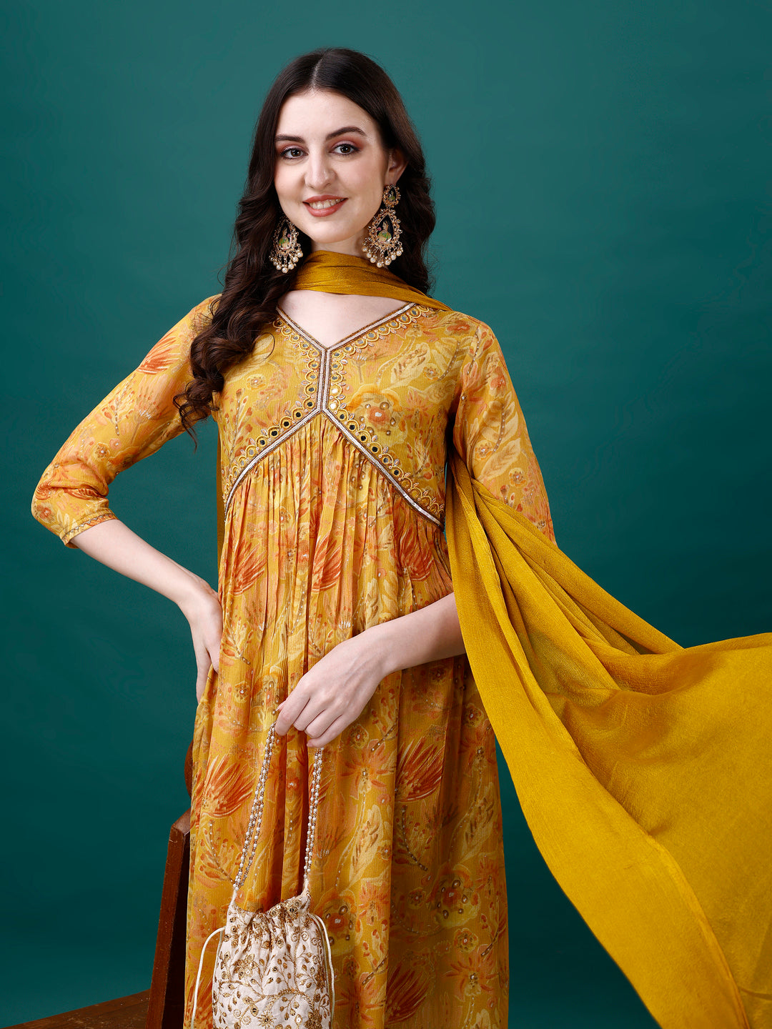 Alia Cut Hand Embroidered & Printed Pure Chinon kurta with pant & dupatta