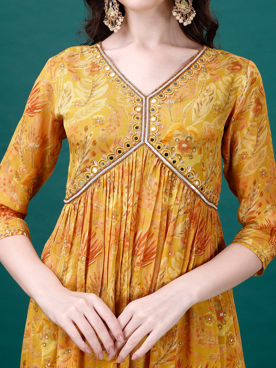 Alia Cut Hand Embroidered & Printed Pure Chinon kurta with pant & dupatta