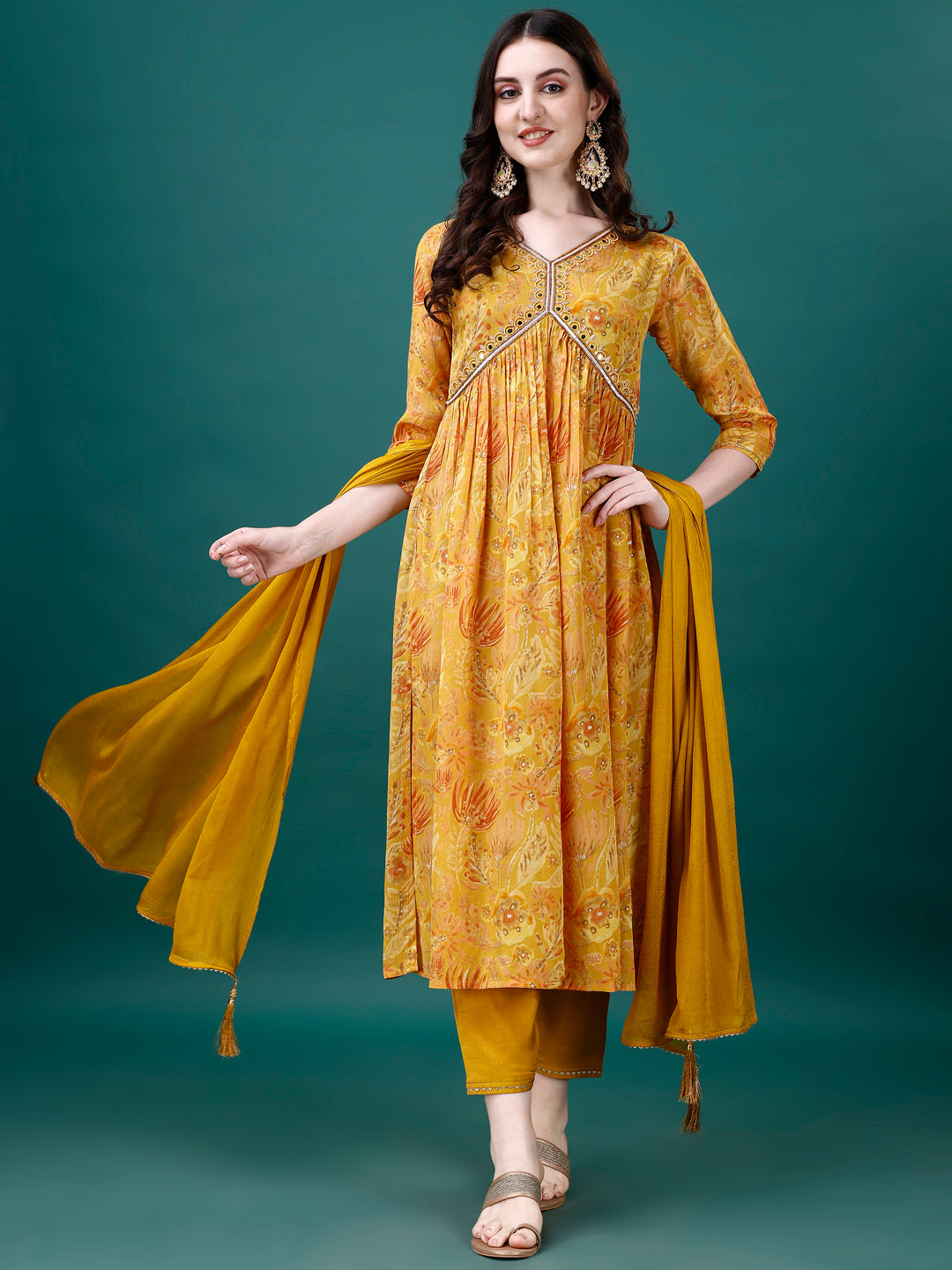 Alia Cut Hand Embroidered & Printed Pure Chinon kurta with pant & dupatta