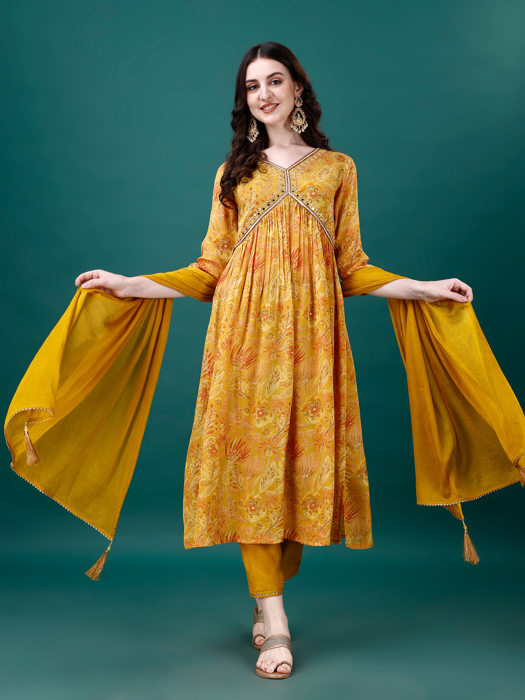 Alia Cut Hand Embroidered & Printed Pure Chinon kurta with pant & dupatta