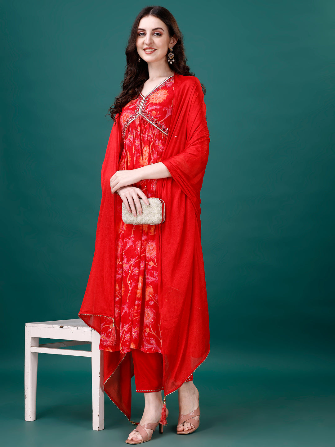 Alia Cut Hand Embroidered & Printed Pure Chinon kurta with pant & dupatta