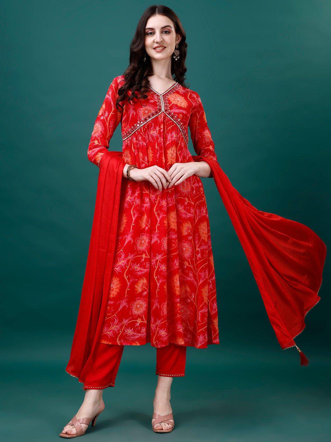 Alia Cut Hand Embroidered & Printed Pure Chinon kurta with pant & dupatta