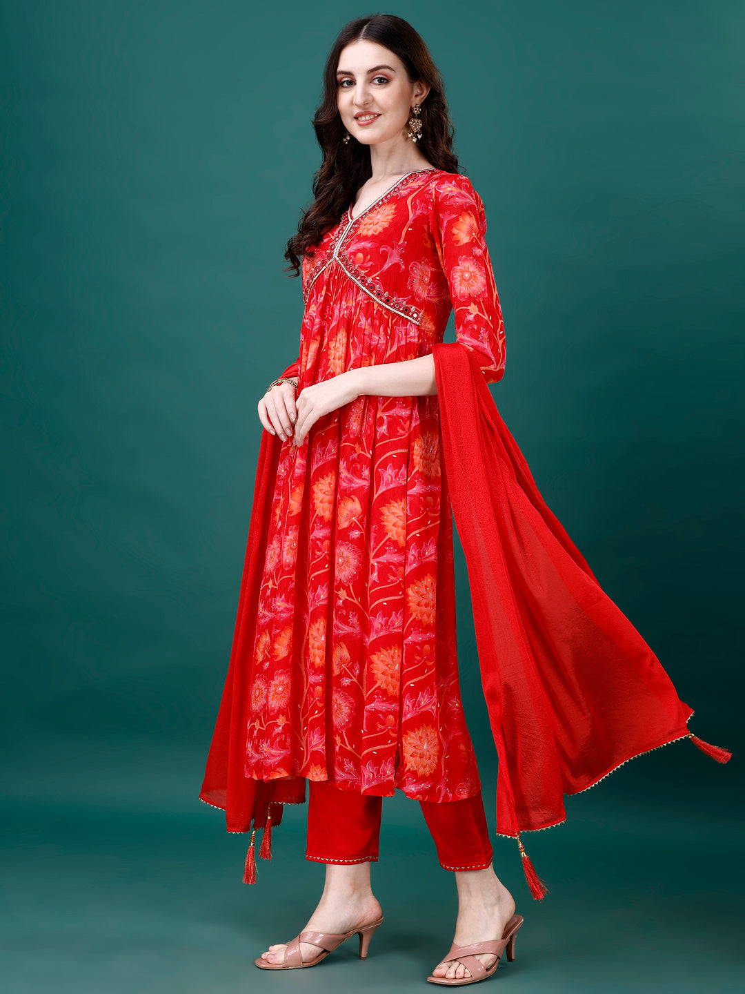 Alia Cut Hand Embroidered & Printed Pure Chinon kurta with pant & dupatta