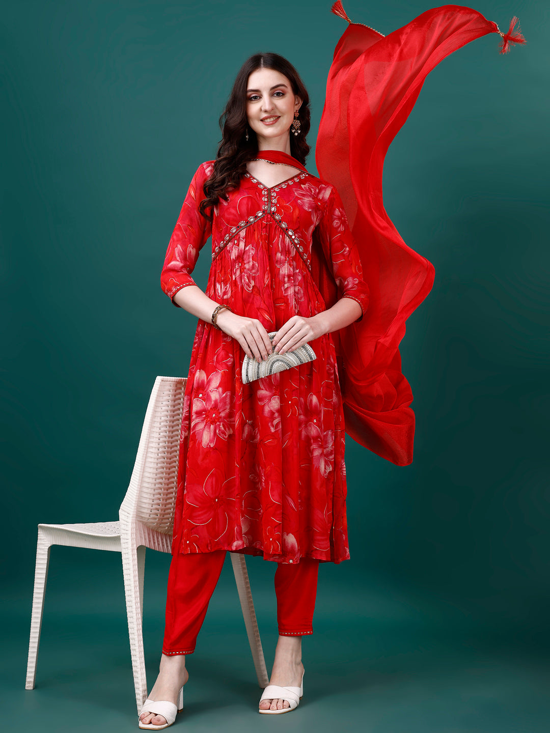 Alia Cut Hand Embroidered & Printed Pure Chinon kurat with pant & dupatta