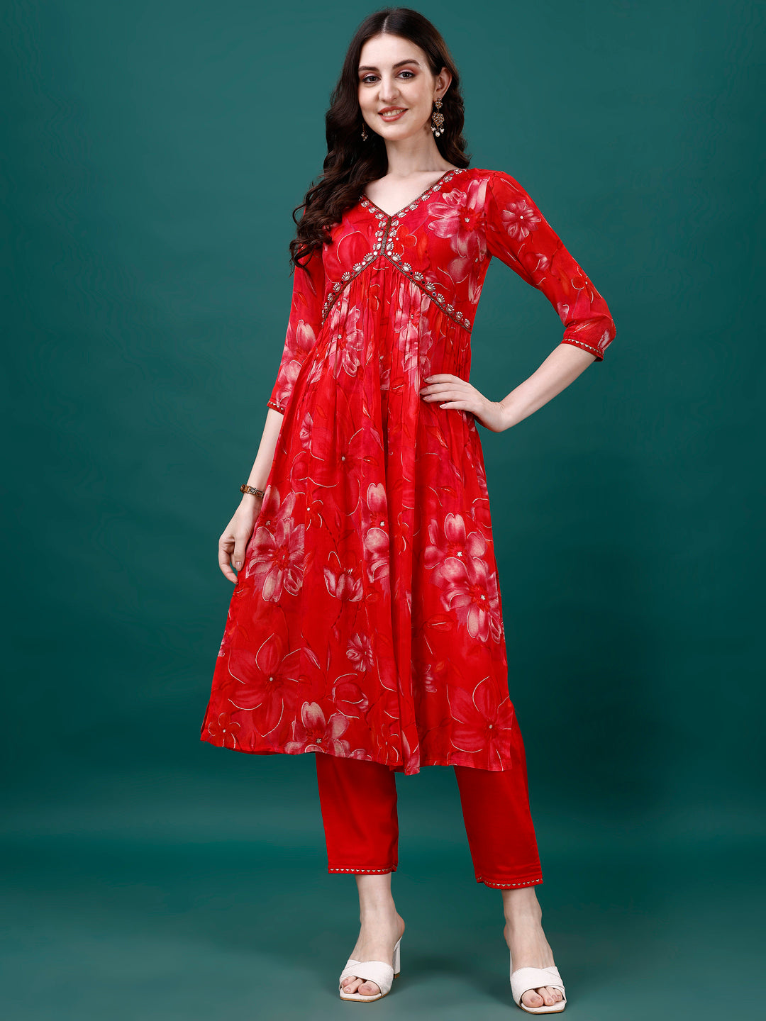 Alia Cut Hand Embroidered & Printed Pure Chinon kurat with pant & dupatta