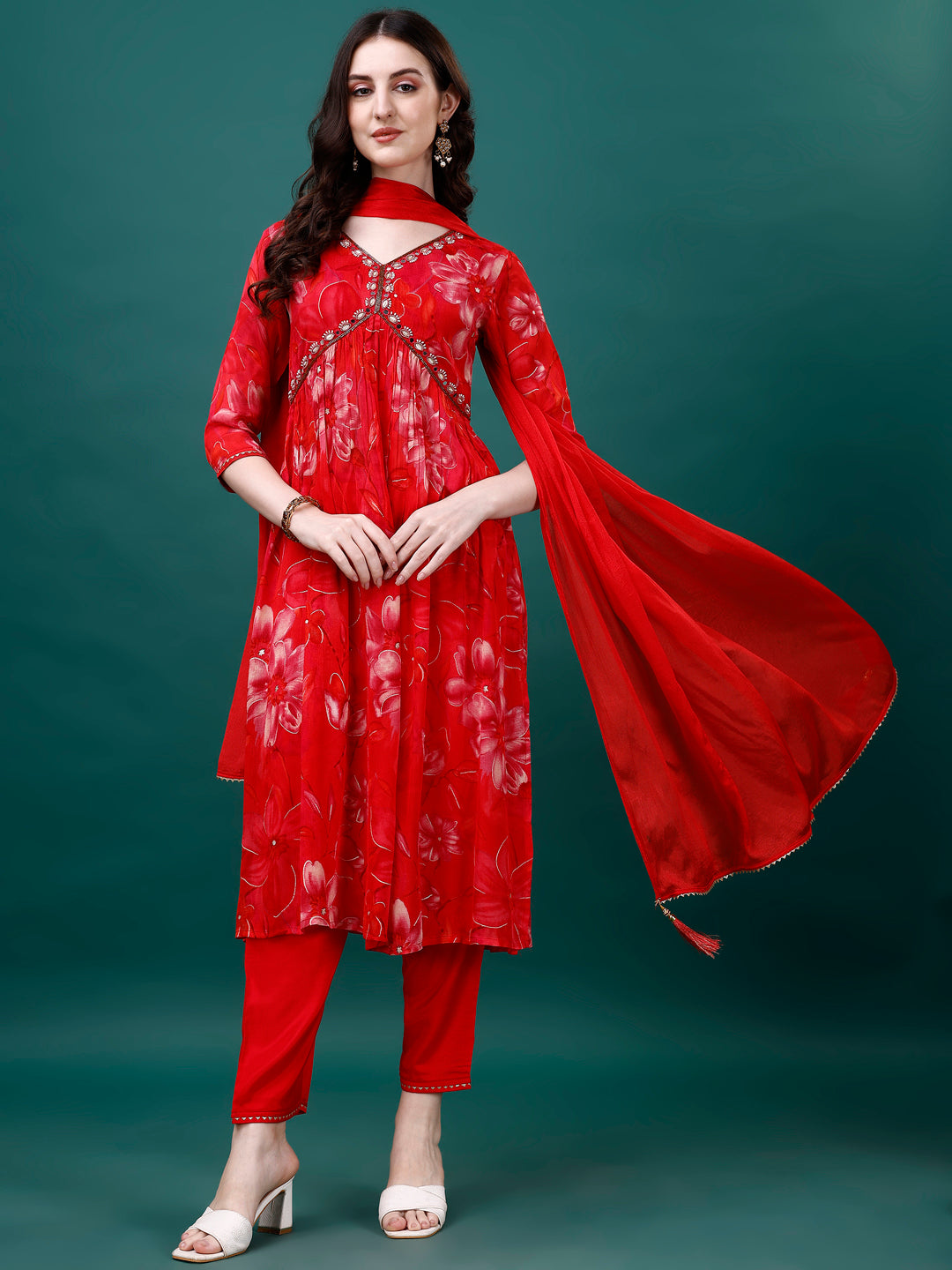 Alia Cut Hand Embroidered & Printed Pure Chinon kurat with pant & dupatta