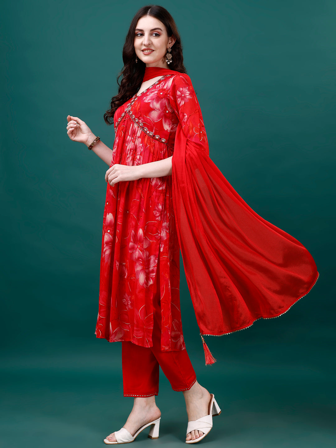 Alia Cut Hand Embroidered & Printed Pure Chinon kurat with pant & dupatta