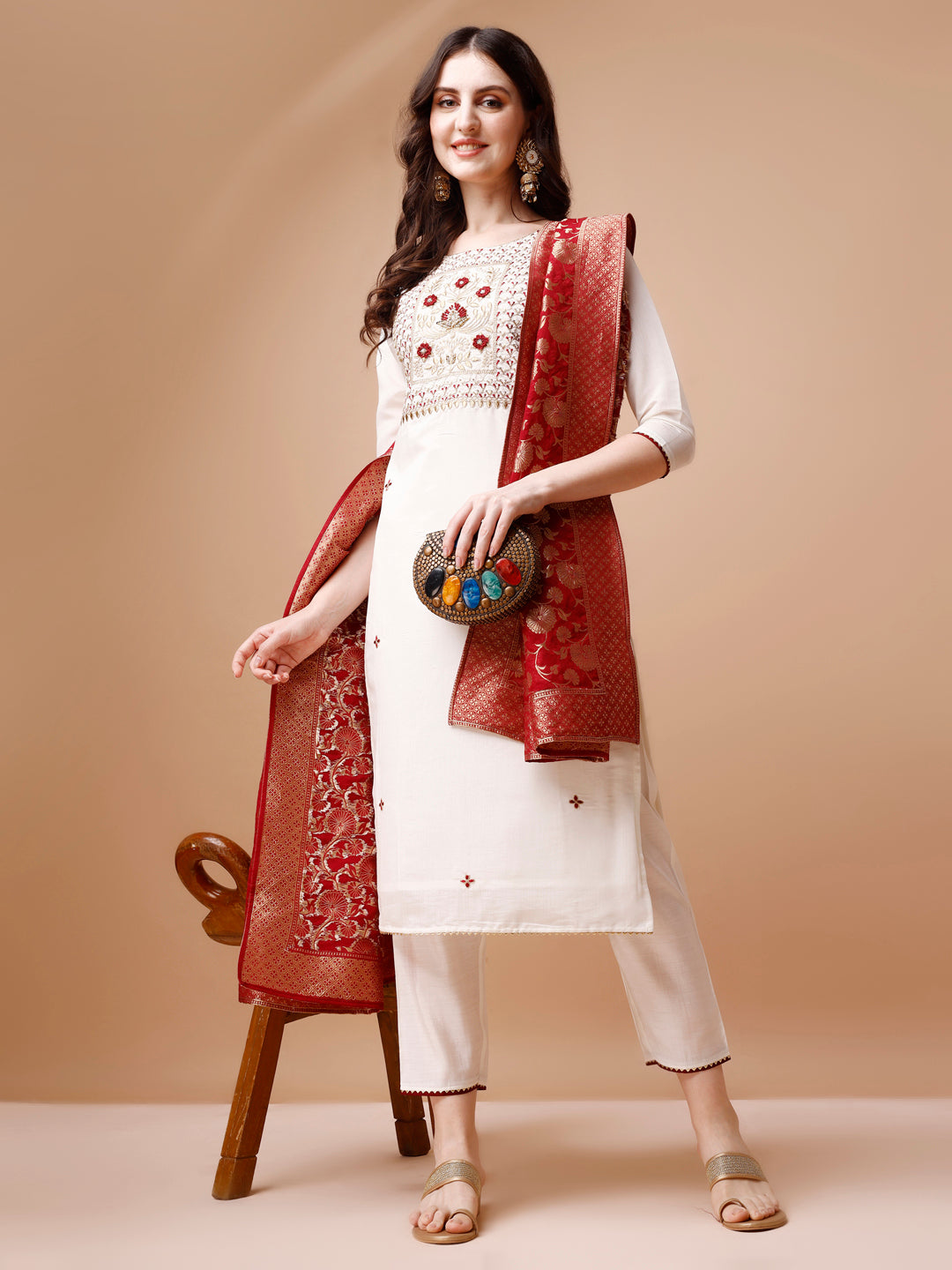 Hand Embroidered Kurta with pant & Banarasi Jacquard Dupatta