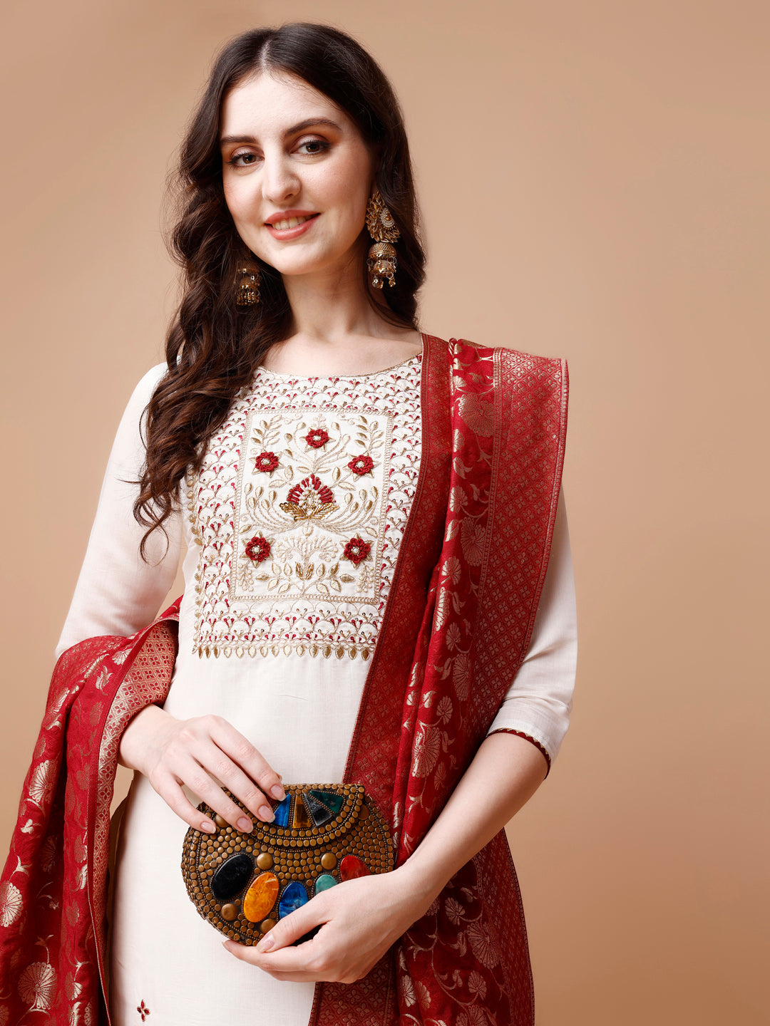 Hand Embroidered Kurta with pant & Banarasi Jacquard Dupatta