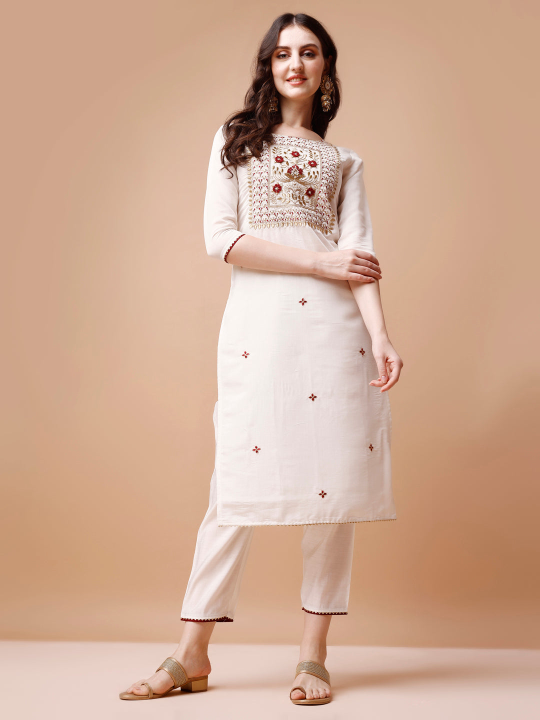 Hand Embroidered Kurta with pant & Banarasi Jacquard Dupatta