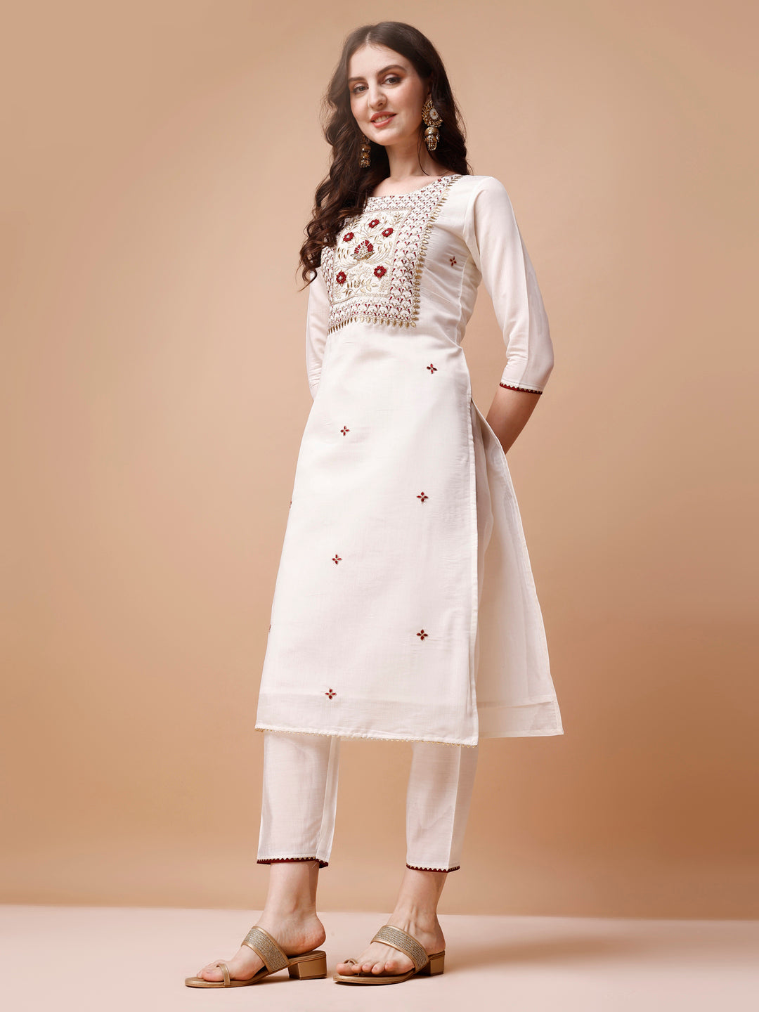 Hand Embroidered Kurta with pant & Banarasi Jacquard Dupatta