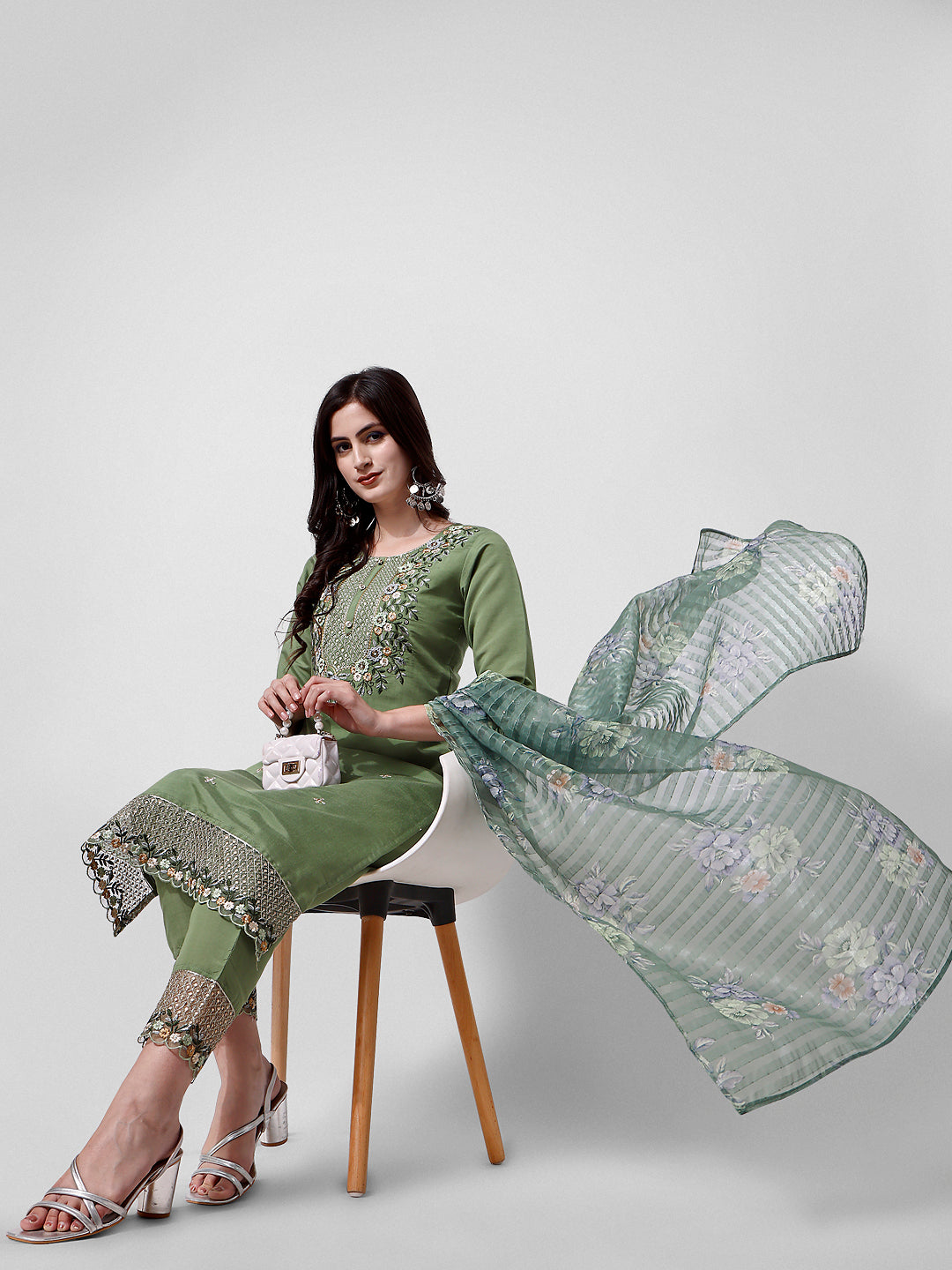 Hand Embroidered Kurta with Pant and Dupatta Set Premium