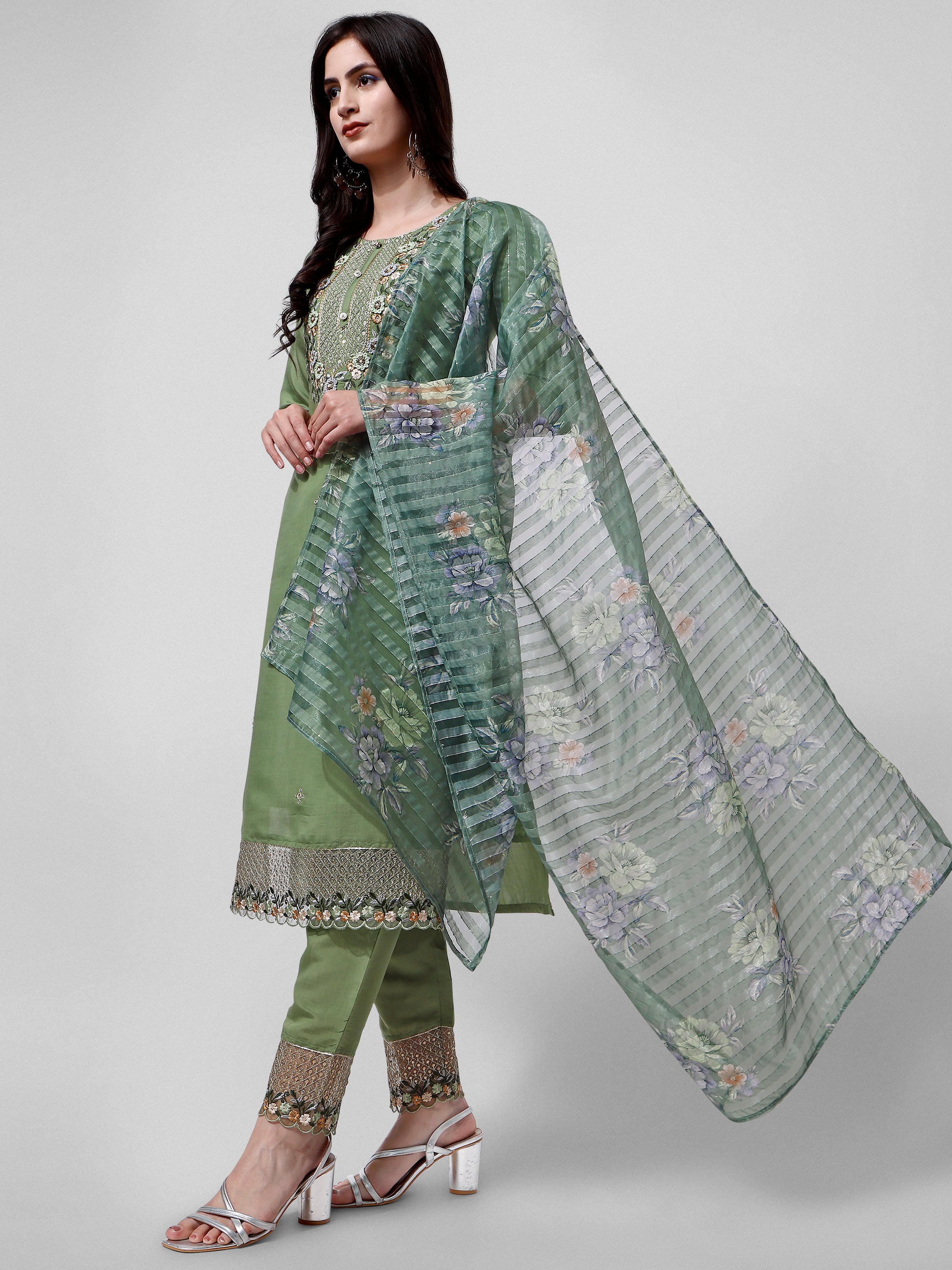 Hand Embroidered Kurta with Pant and Dupatta Set Premium