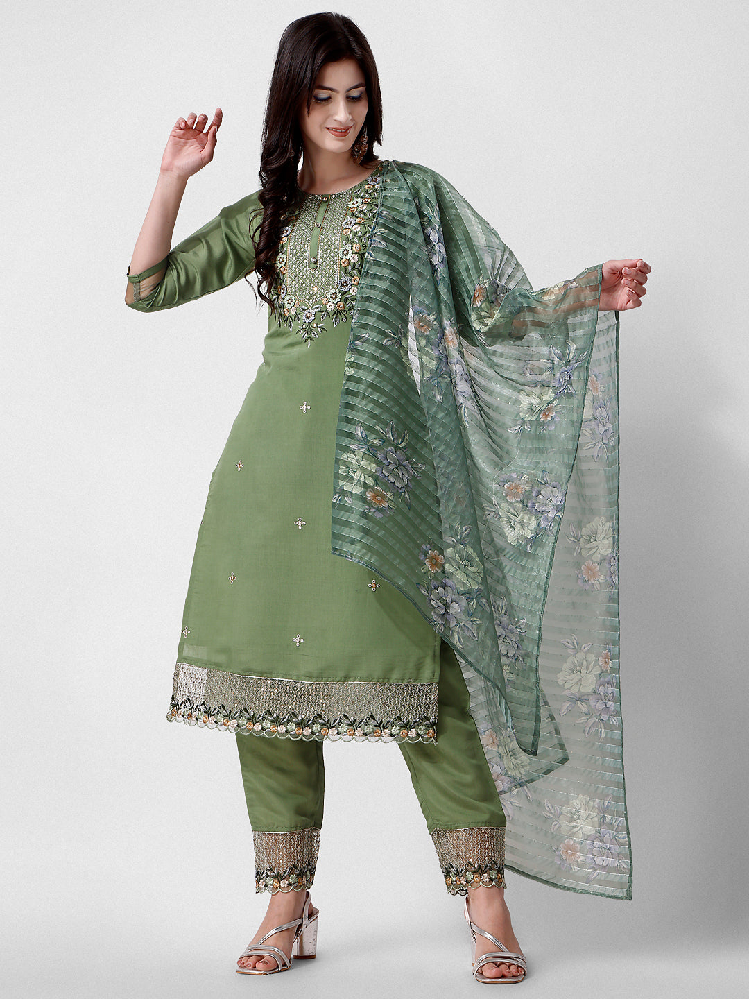 Hand Embroidered Kurta with Pant and Dupatta Set Premium