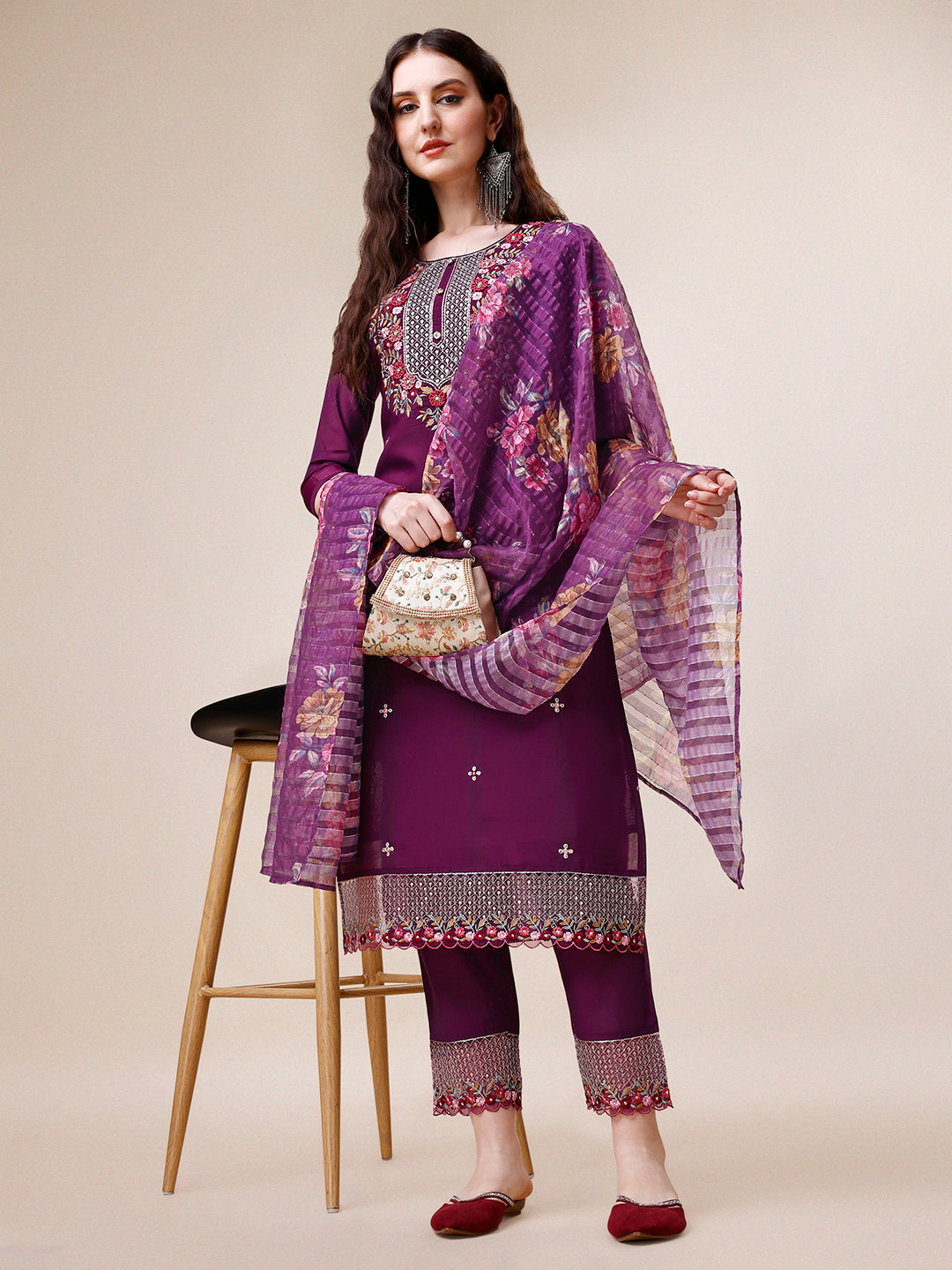 Hand Embroidered Kurta with Pant and Dupatta Set premium