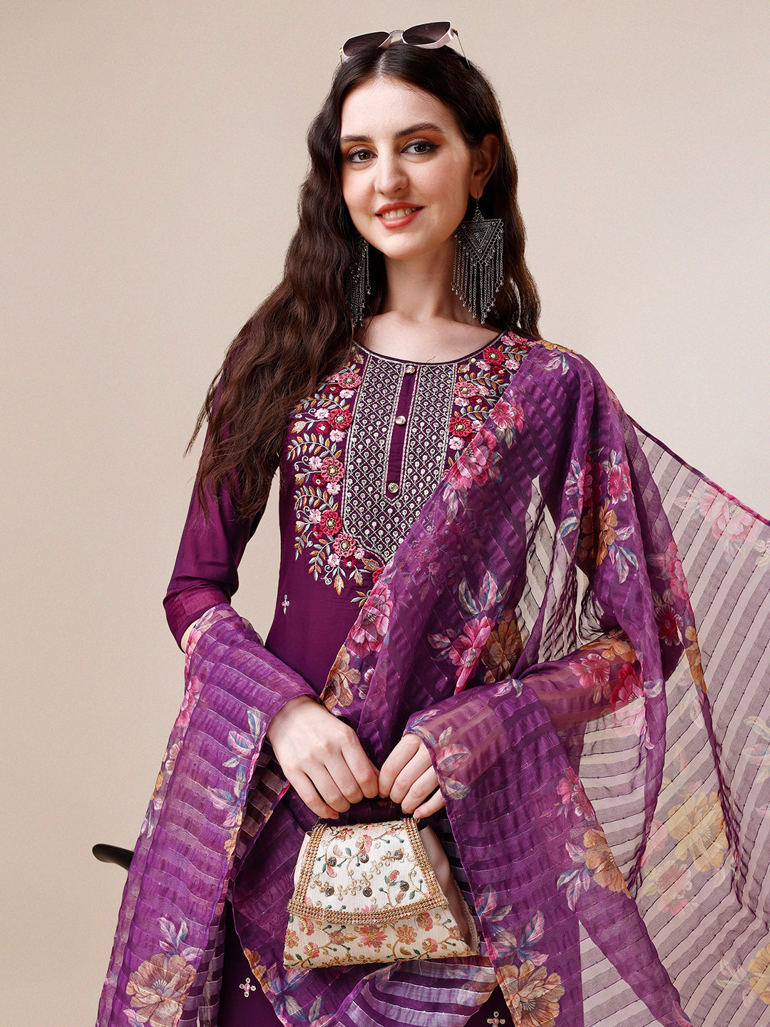 Hand Embroidered Kurta with Pant and Dupatta Set premium