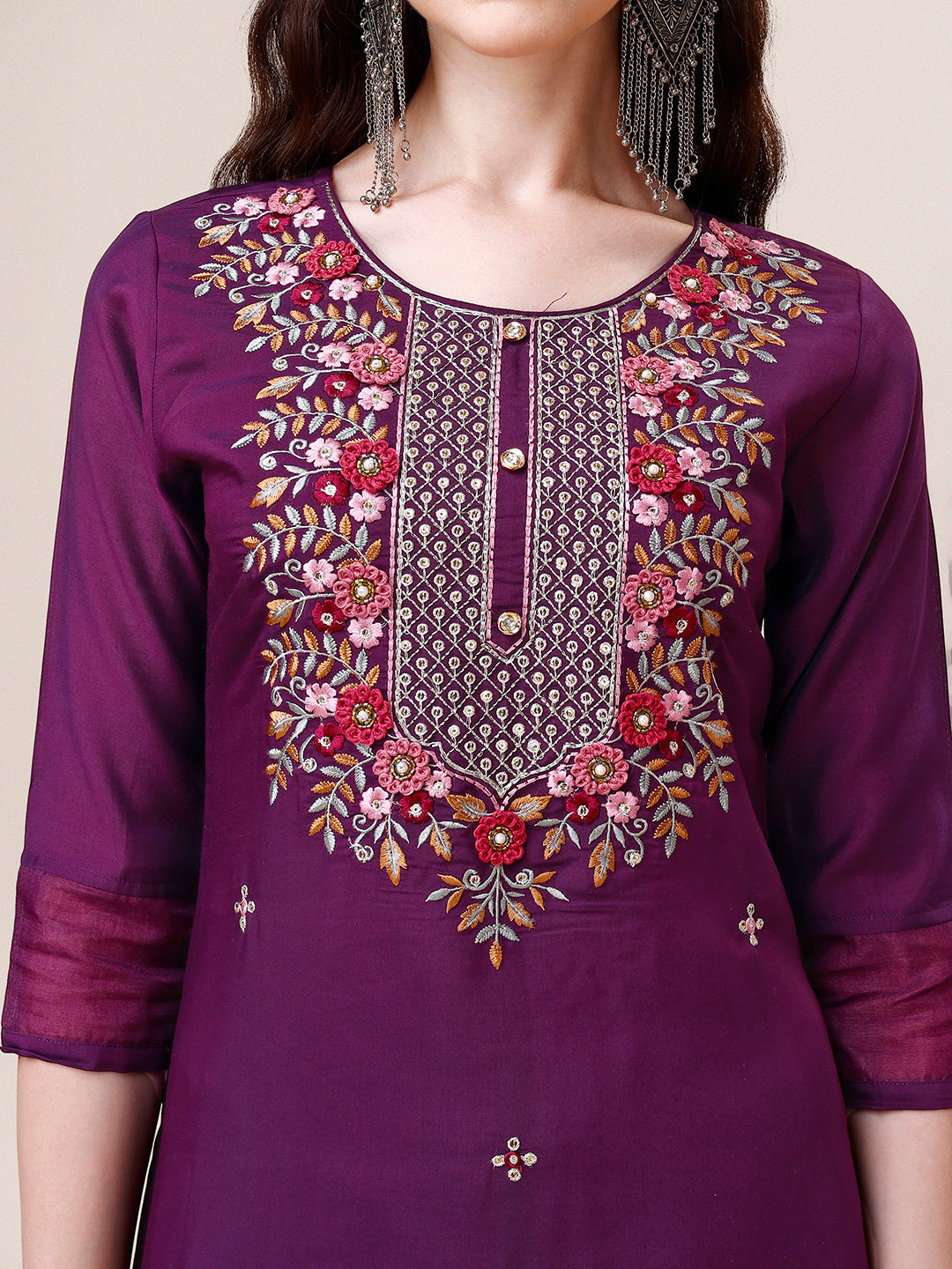 Hand Embroidered Kurta with Pant and Dupatta Set premium