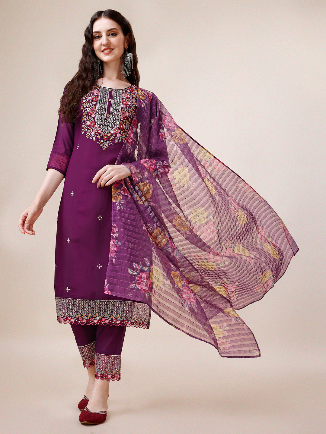 Hand Embroidered Kurta with Pant and Dupatta Set premium