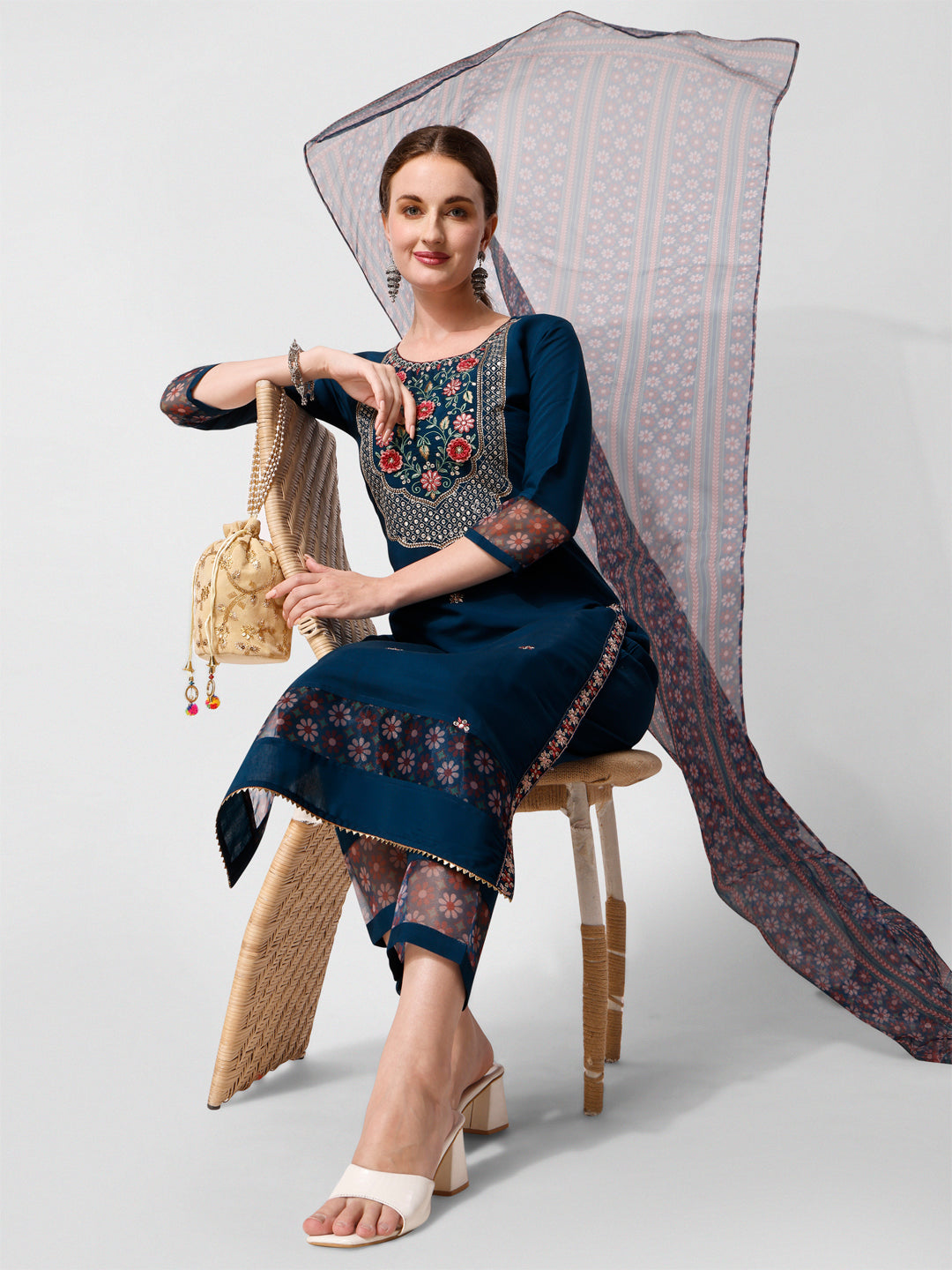 Embroidered Kurta with Pant and Printed Dupatta Set