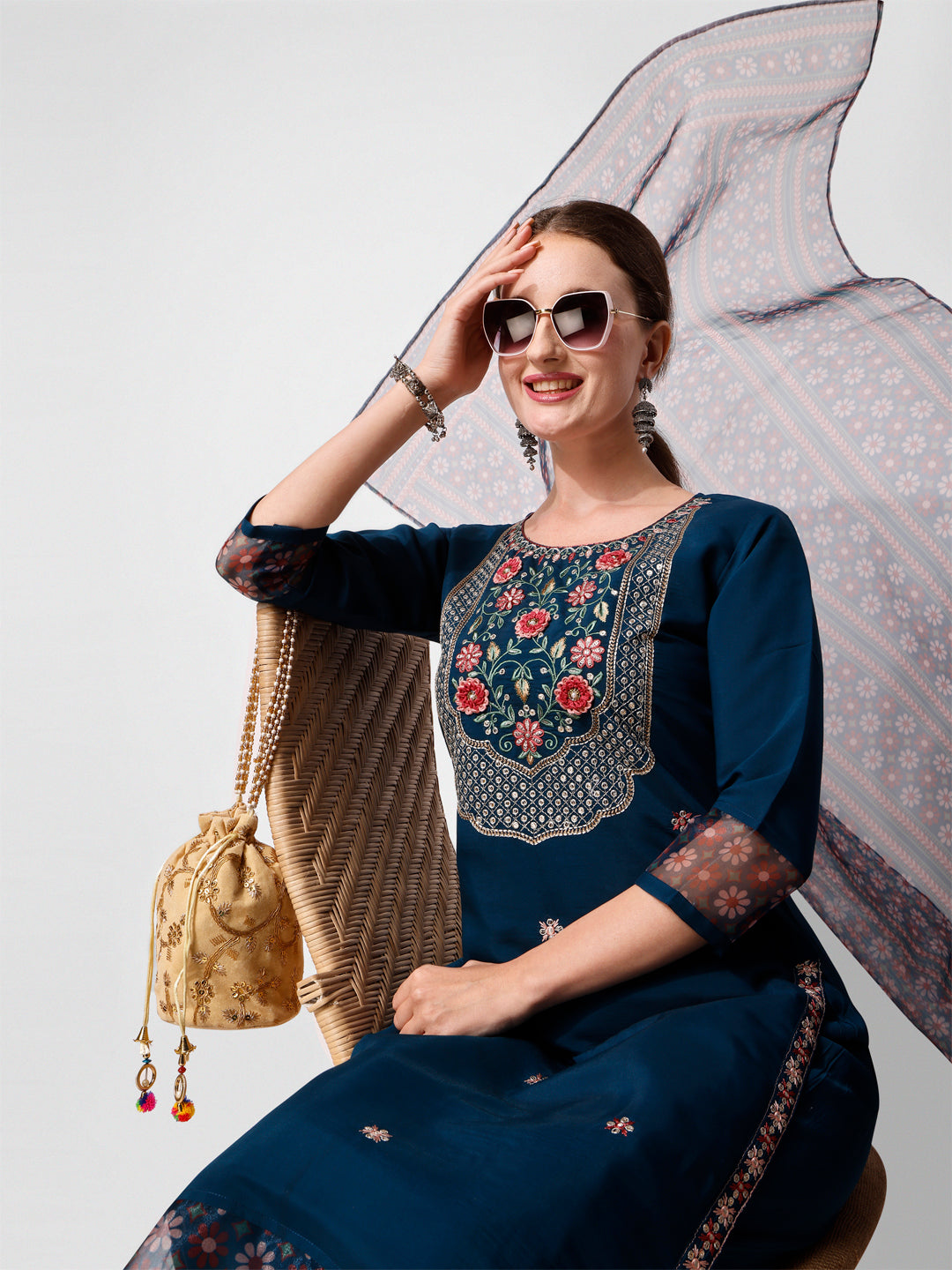 Embroidered Kurta with Pant and Printed Dupatta Set