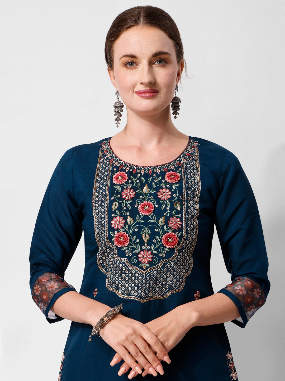 Embroidered Kurta with Pant and Printed Dupatta Set