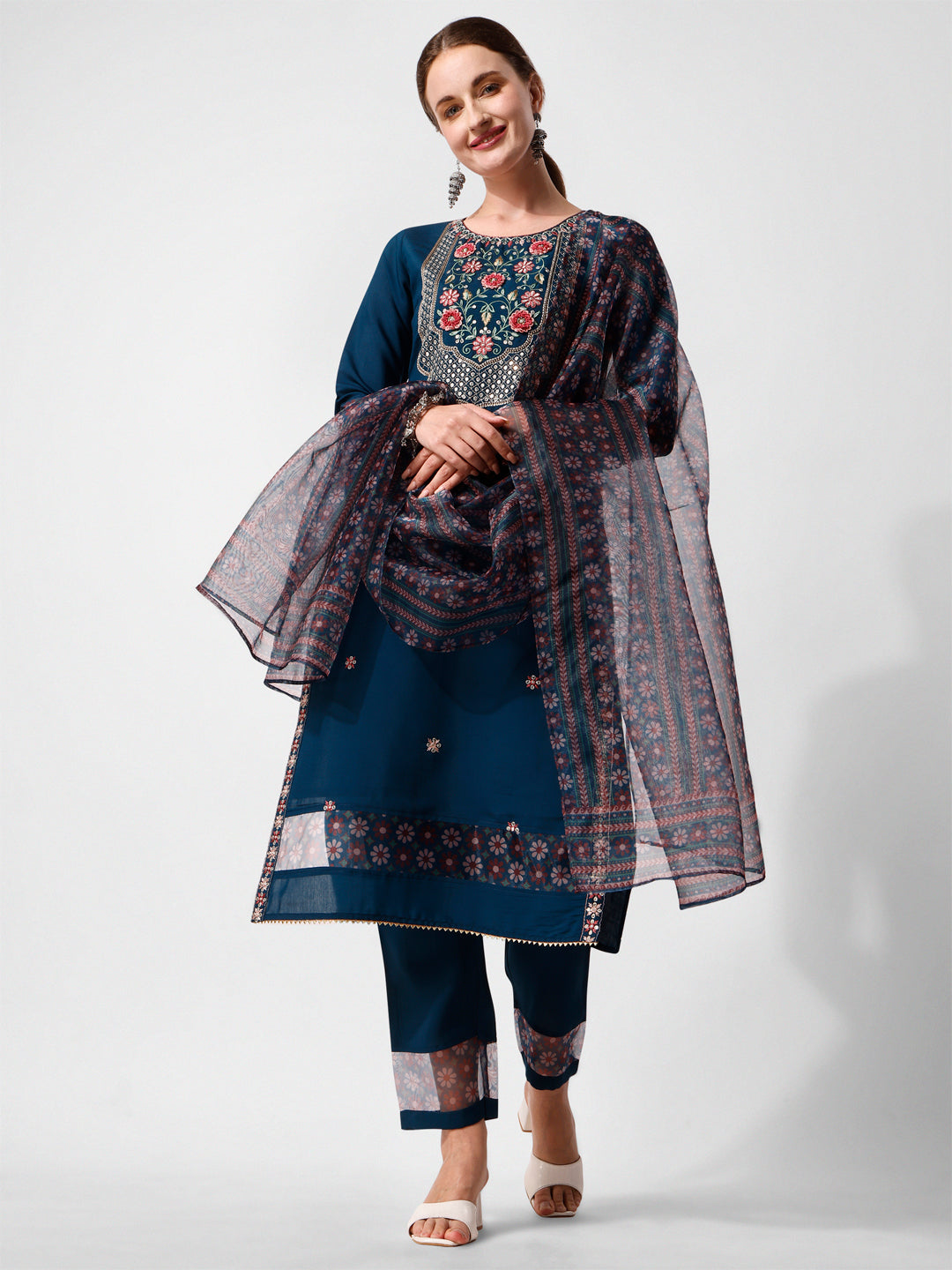 Embroidered Kurta with Pant and Printed Dupatta Set