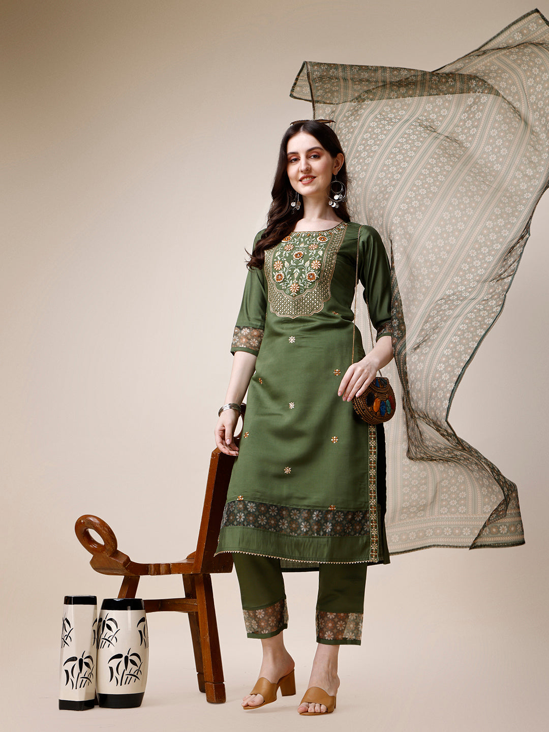 Embroidered Kurta with Pant and Printed Dupatta Set