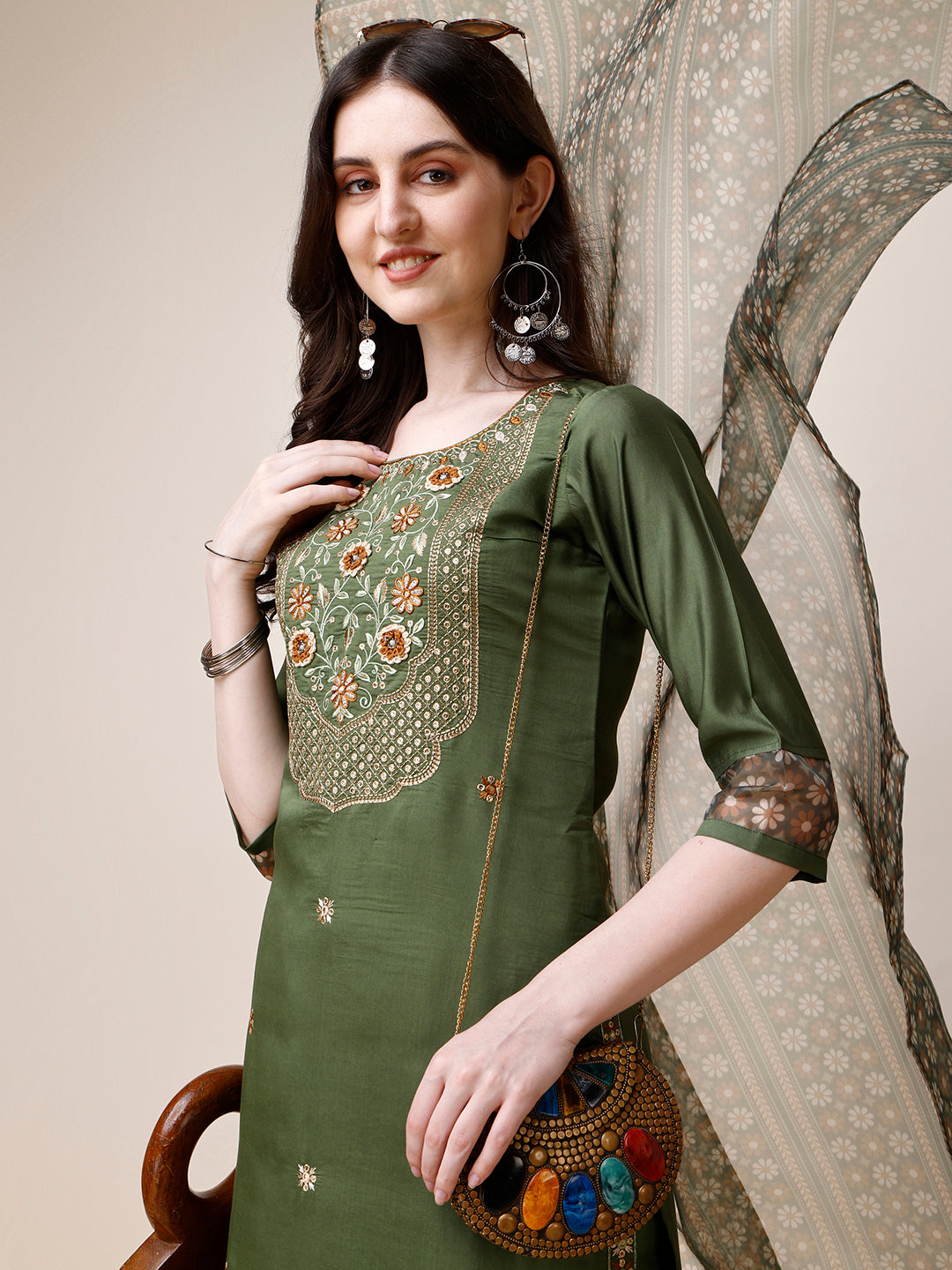 Embroidered Kurta with Pant and Printed Dupatta Set