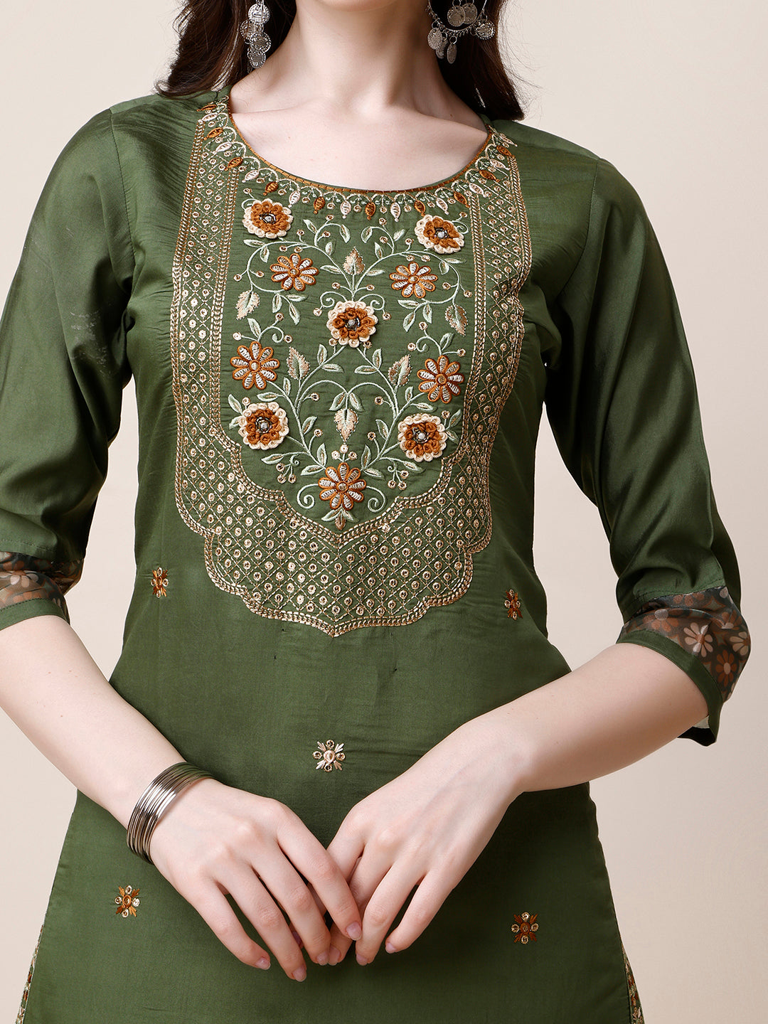 Embroidered Kurta with Pant and Printed Dupatta Set